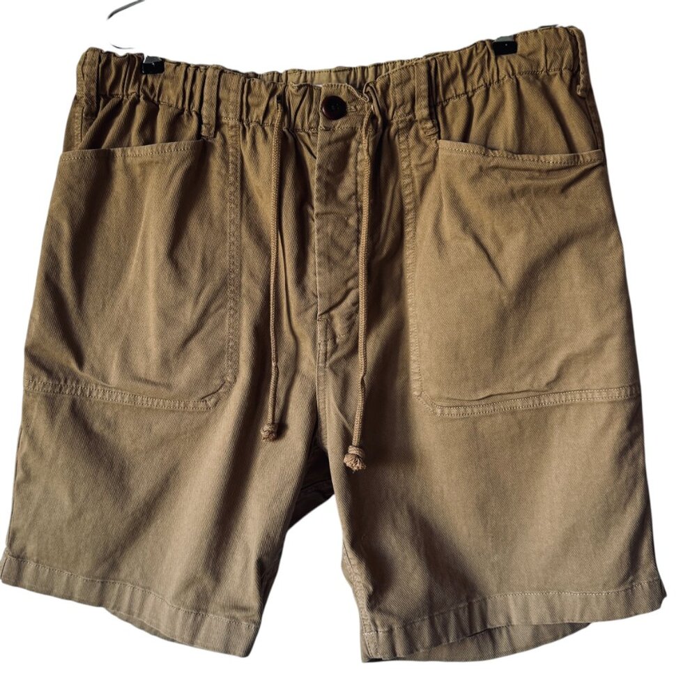 Alex Mill Pull On Button Fly Shorts XL Warm Khaki Relaxed Fit Pockets Waist Tie